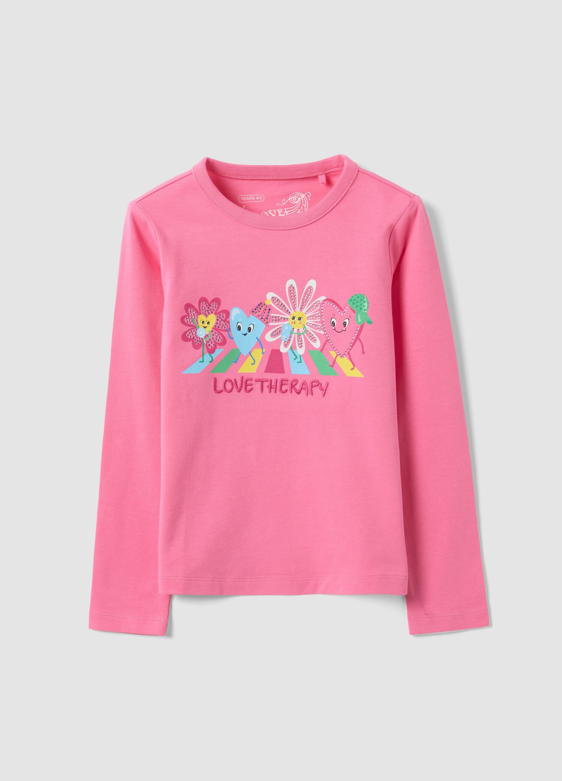 Girls&rsquo; pink stretch-cotton crew-neck printed T-shirt