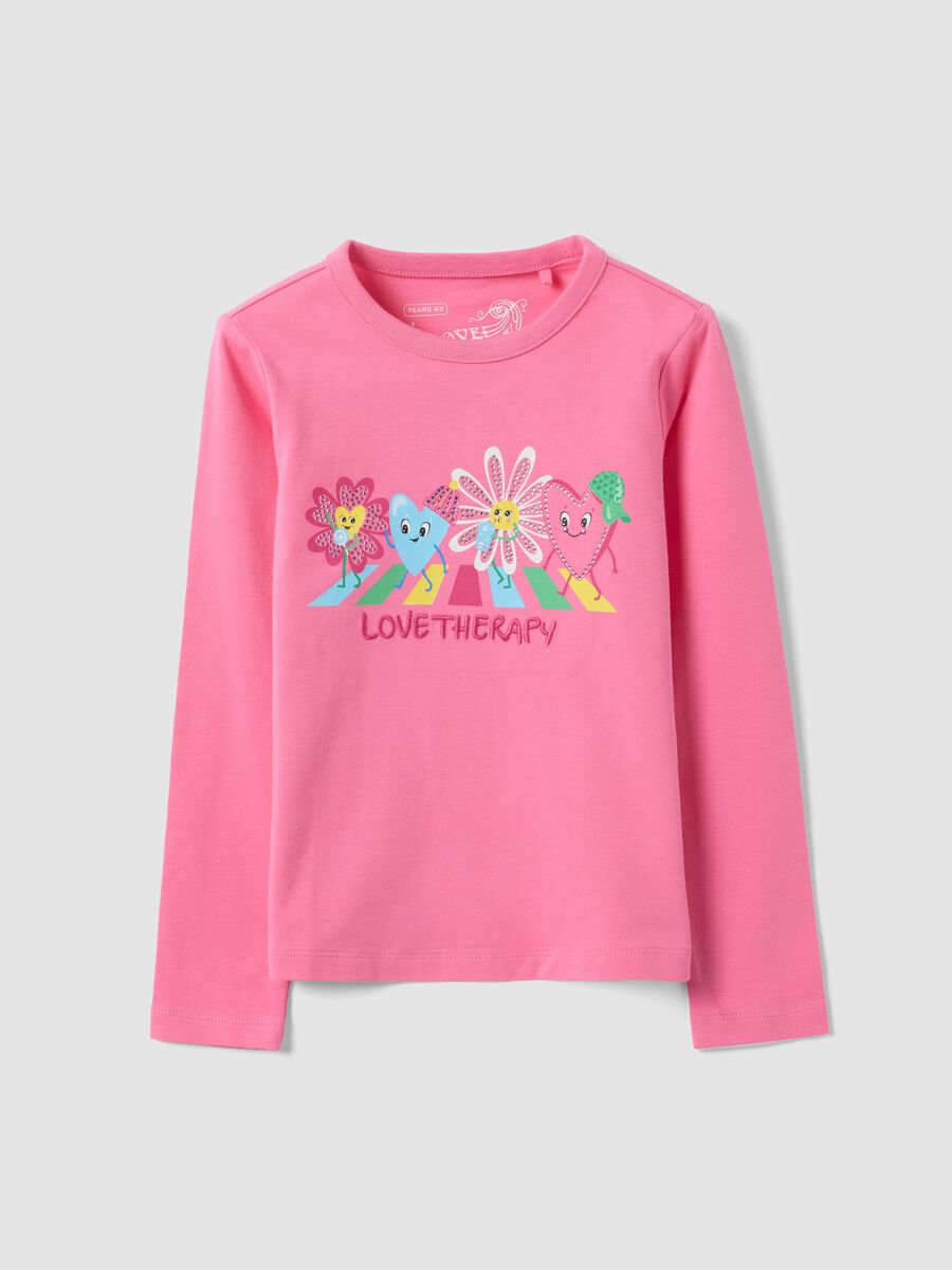 Girls&rsquo; pink stretch-cotton crew-neck printed T-shirt_0