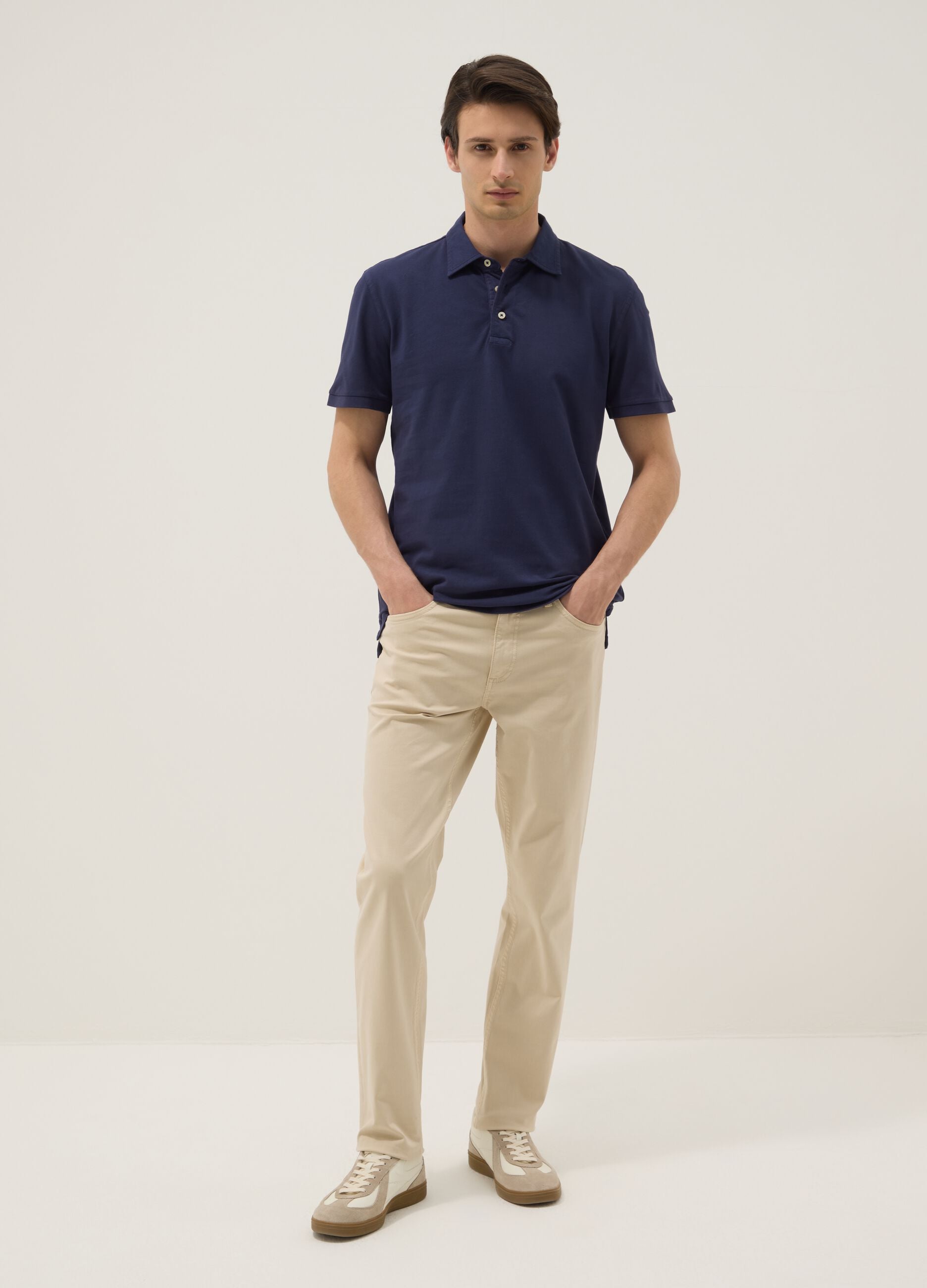 Polo azul em algod&atilde;o puro slim fit de manga curta