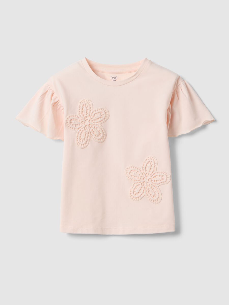 Girls' Pink Stretch Cotton T-shirt with Floral Embroidery_0