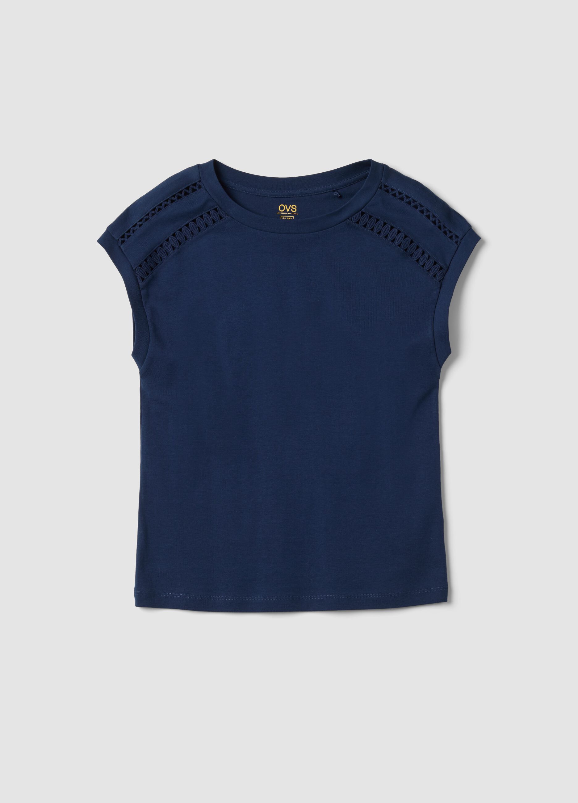 Blaues T-Shirt aus reiner Baumwolle mit Lochstickerei-Eins&auml;tzen