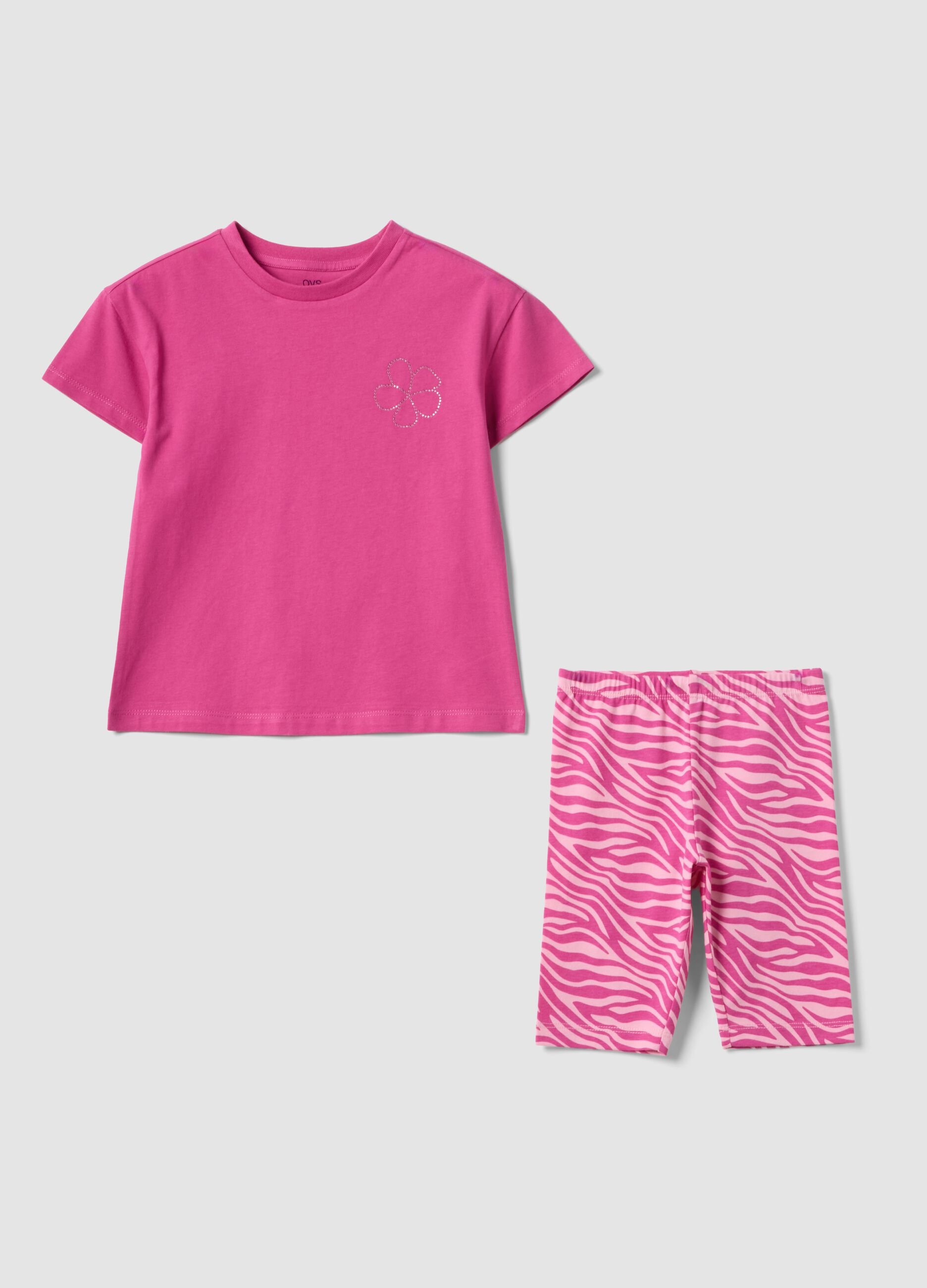 Pink pure cotton set with T-shirt and cycling shorts leggings