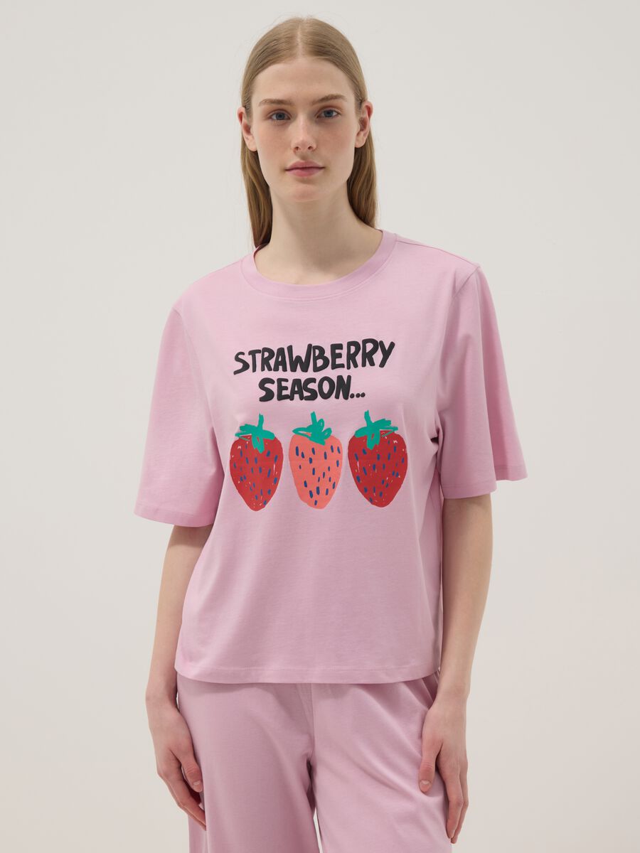 Long pink pure cotton pyjamas with strawberries, regular fit_1