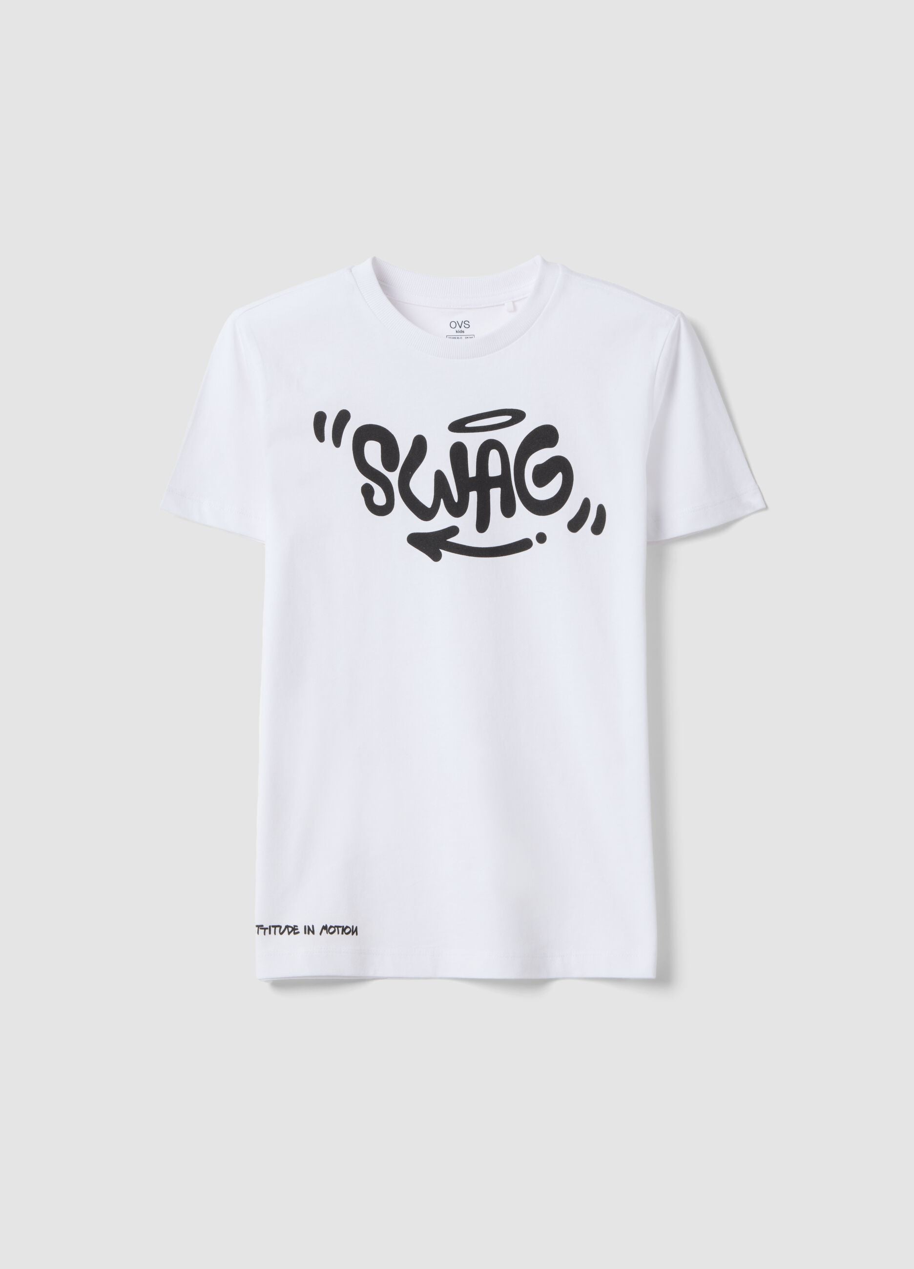 Boys' white pure cotton T-shirt regular fit with Swag print
