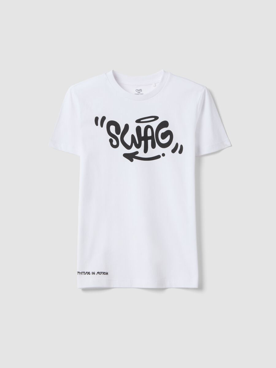 Boys' white pure cotton T-shirt regular fit with Swag print_3