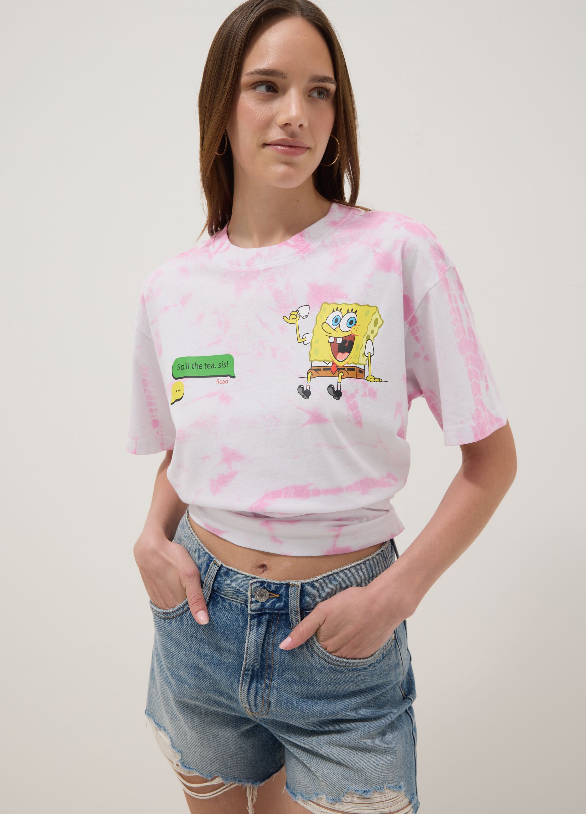 Camiseta multicolorida de algod&atilde;o puro, ajuste regular com estampado SpongeBob