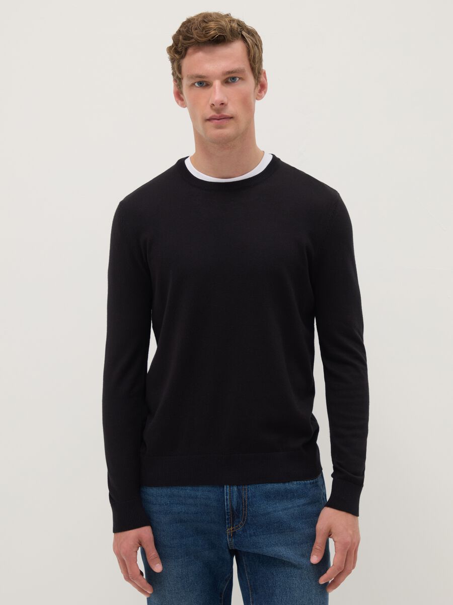 Black crew neck pullover in cotton blend regular fit_0