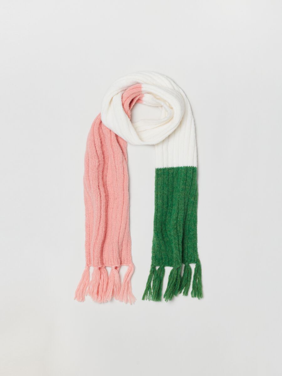 Colour block ribbed scarf with fringes_0
