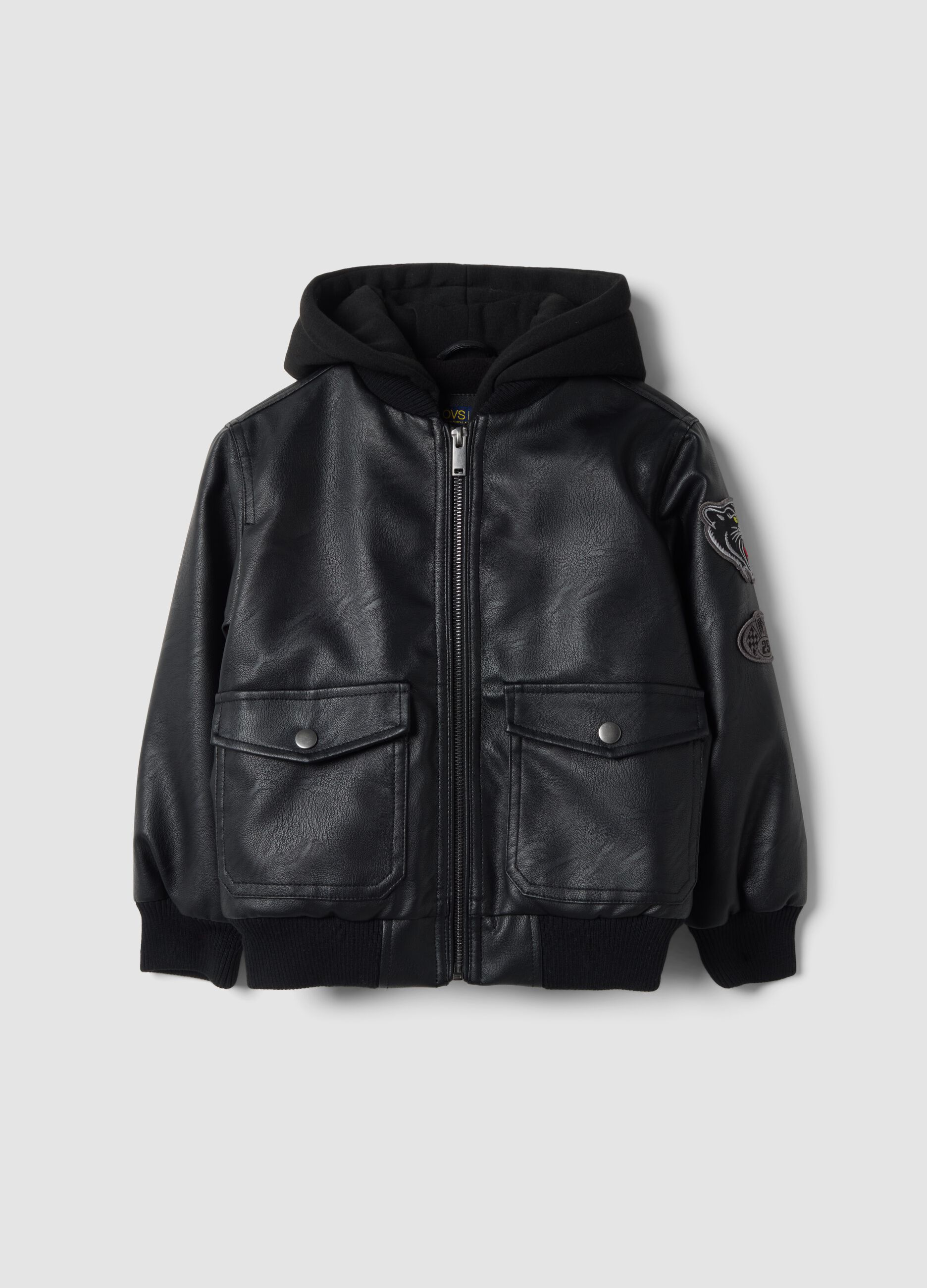 Black padded hooded zip-up jacket for boys