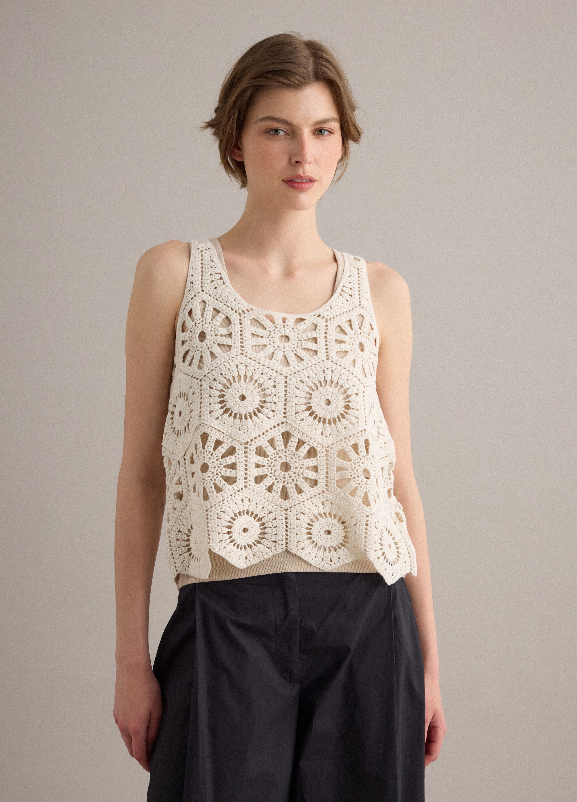 Beige pure cotton crochet tank top
