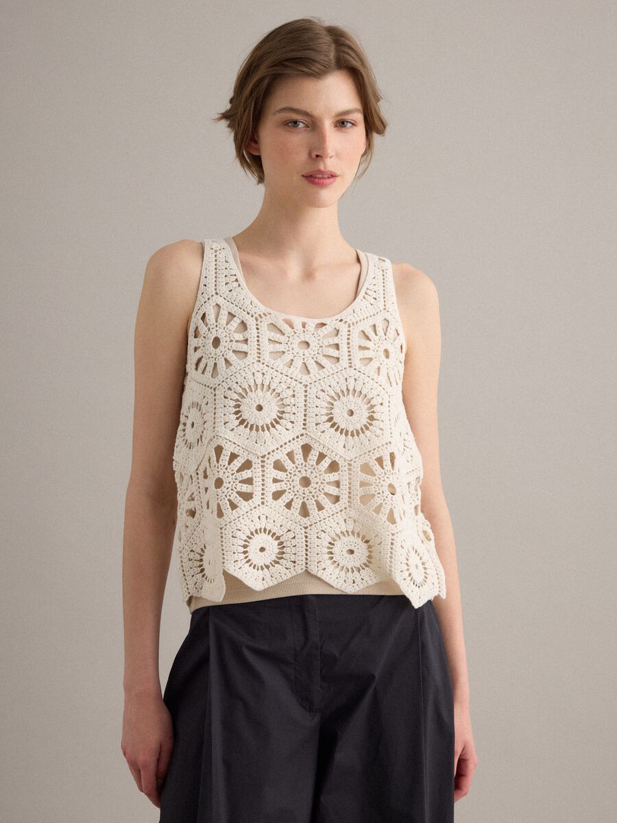 Beige pure cotton crochet tank top_1