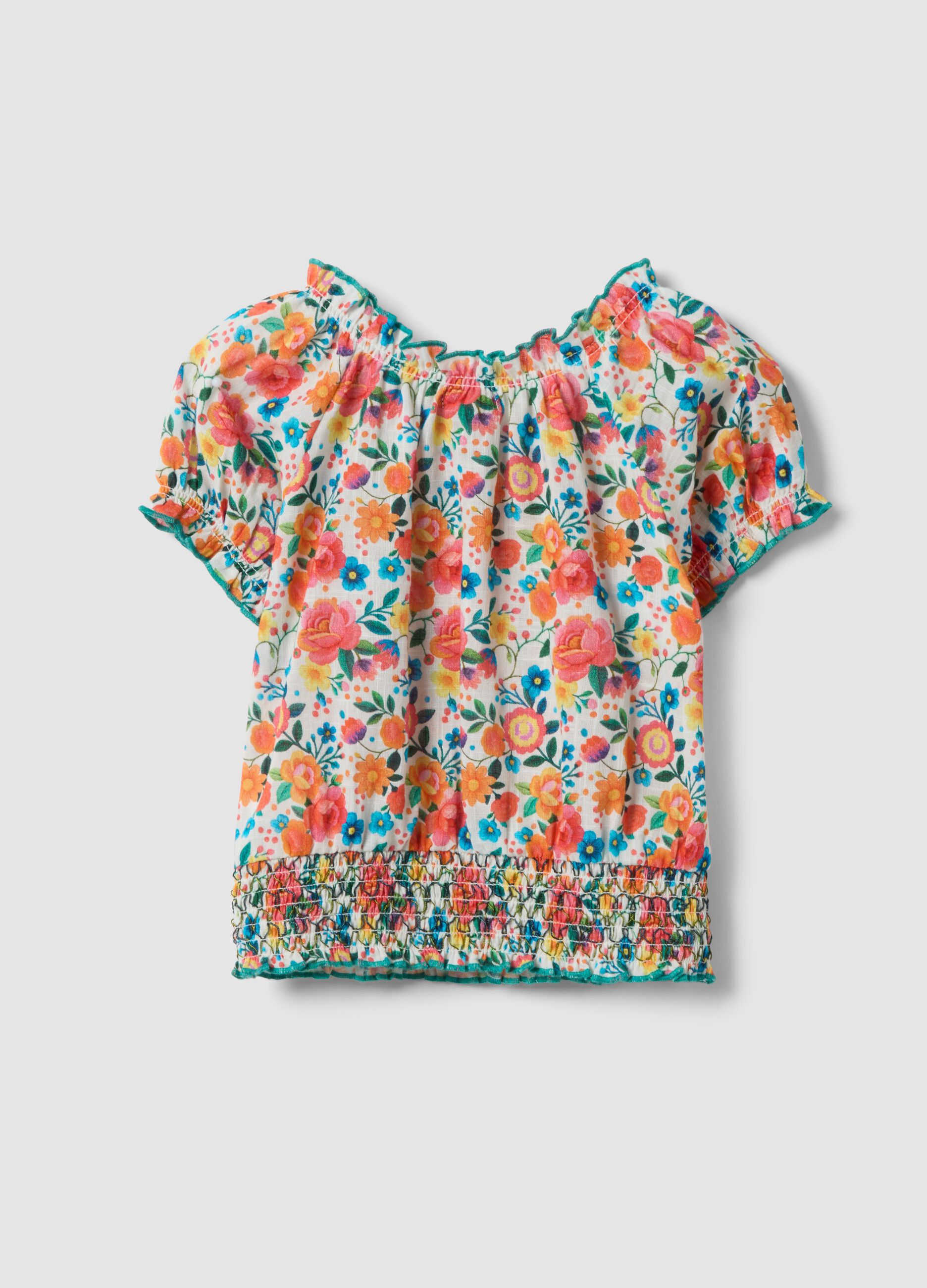 Blusa de menina em algod&atilde;o puro floral multicolorida com corte regular