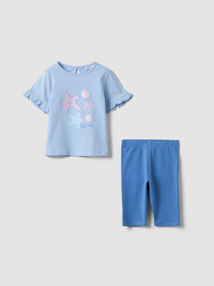 Completo azzurro in puro cotone con t-shirt e leggings per bimba regular fit_0