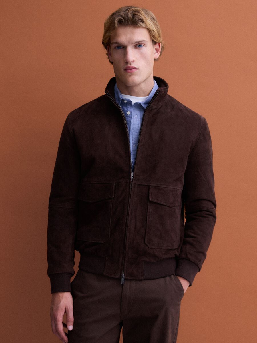 Brown genuine leather bomber jacket with zip_1