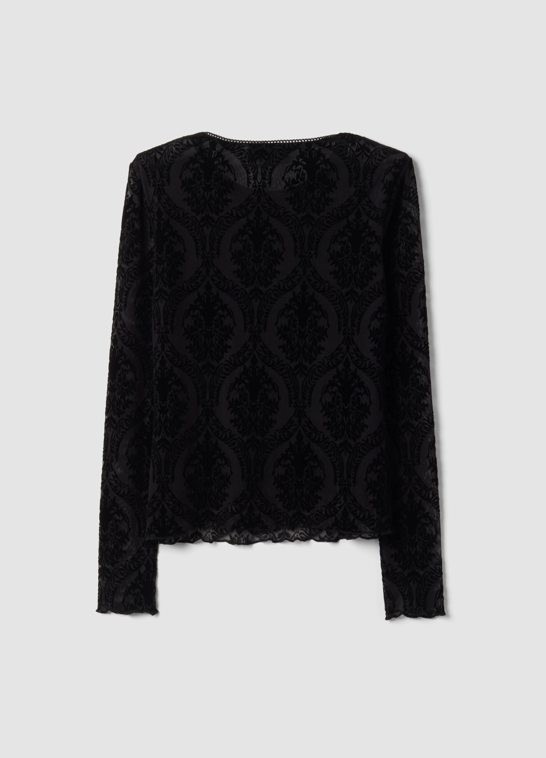 Black regular-fit T-shirt in sheer stretch fabric with pattern