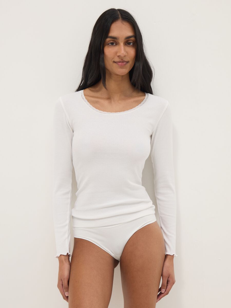 Camisola branca de manga comprida com gola redonda em mistura de algod&atilde;o regular fit_1