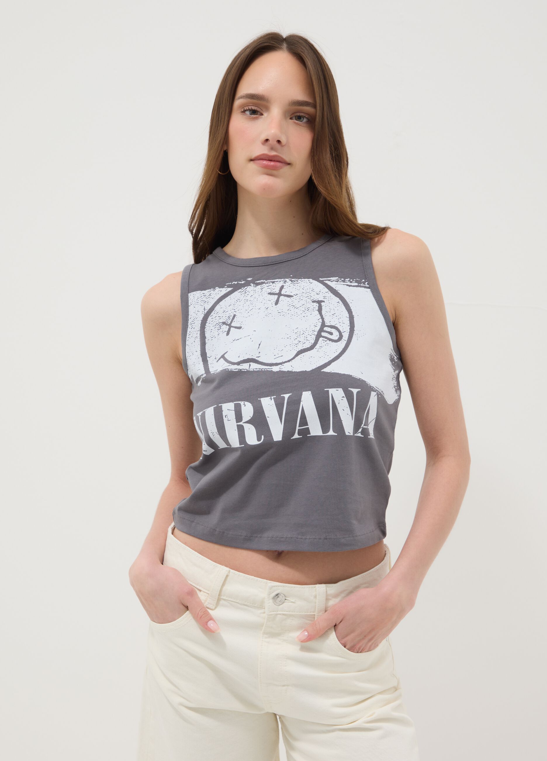 Grey pure cotton Nirvana print tank top, regular fit