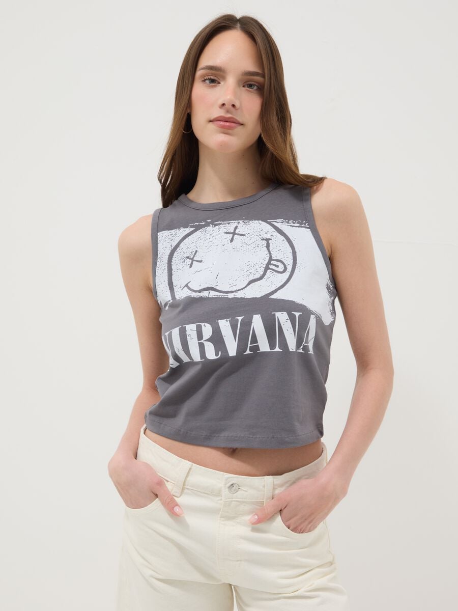 Grey pure cotton Nirvana print tank top, regular fit_1