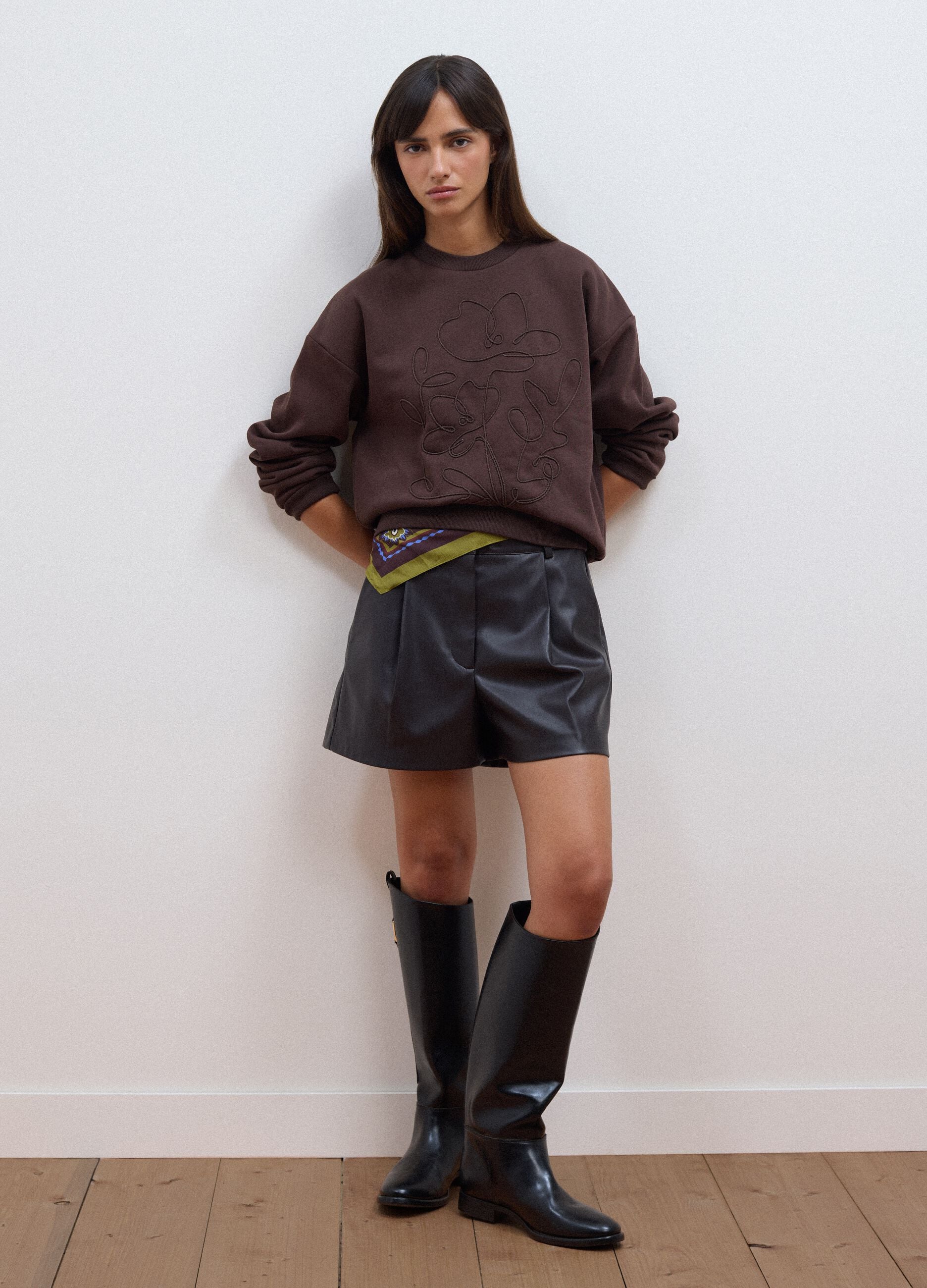 Brown cotton-blend crew-neck sweatshirt, regular fit