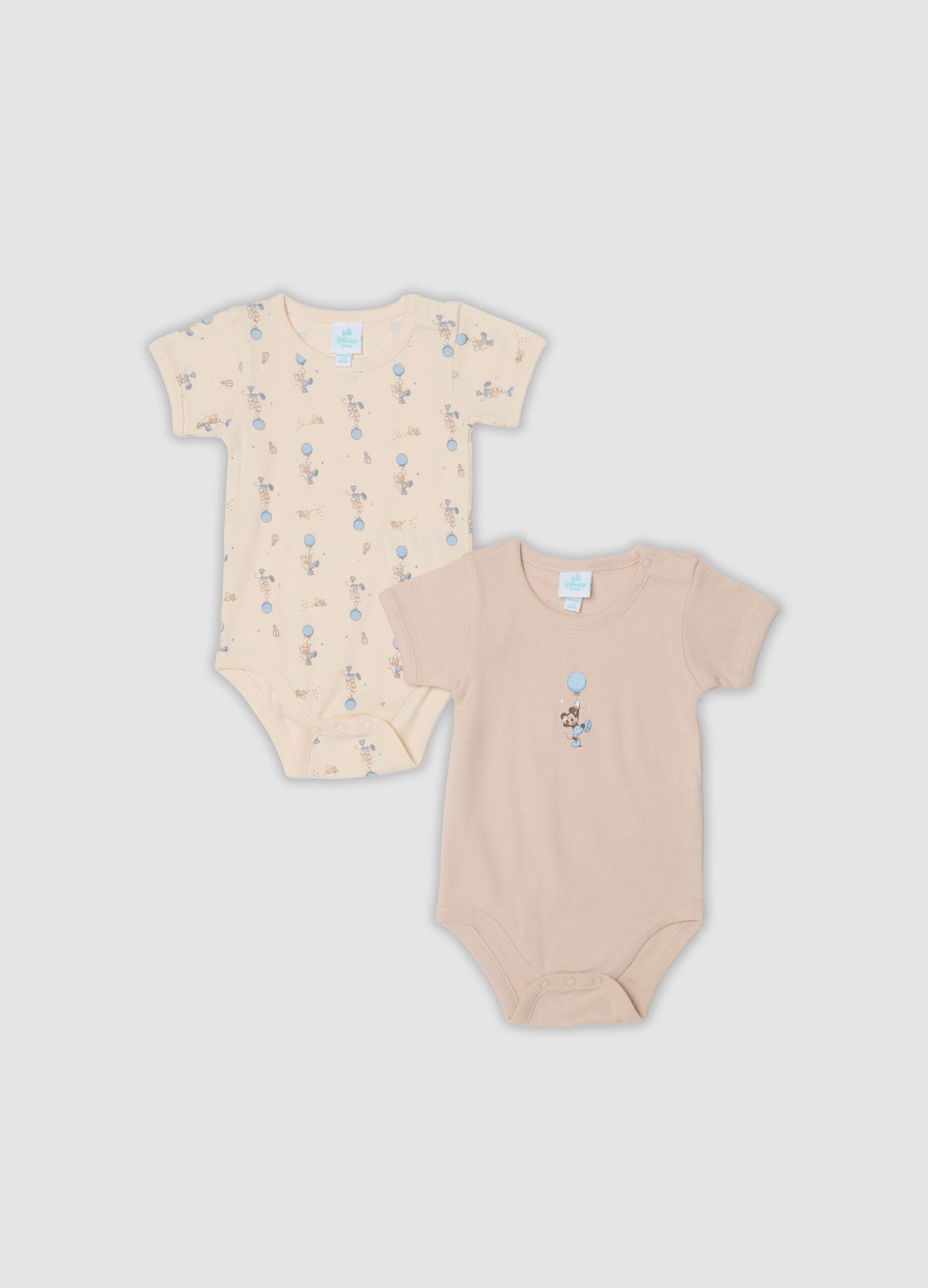 2-pack beige organic cotton baby bodysuits with Mickey print