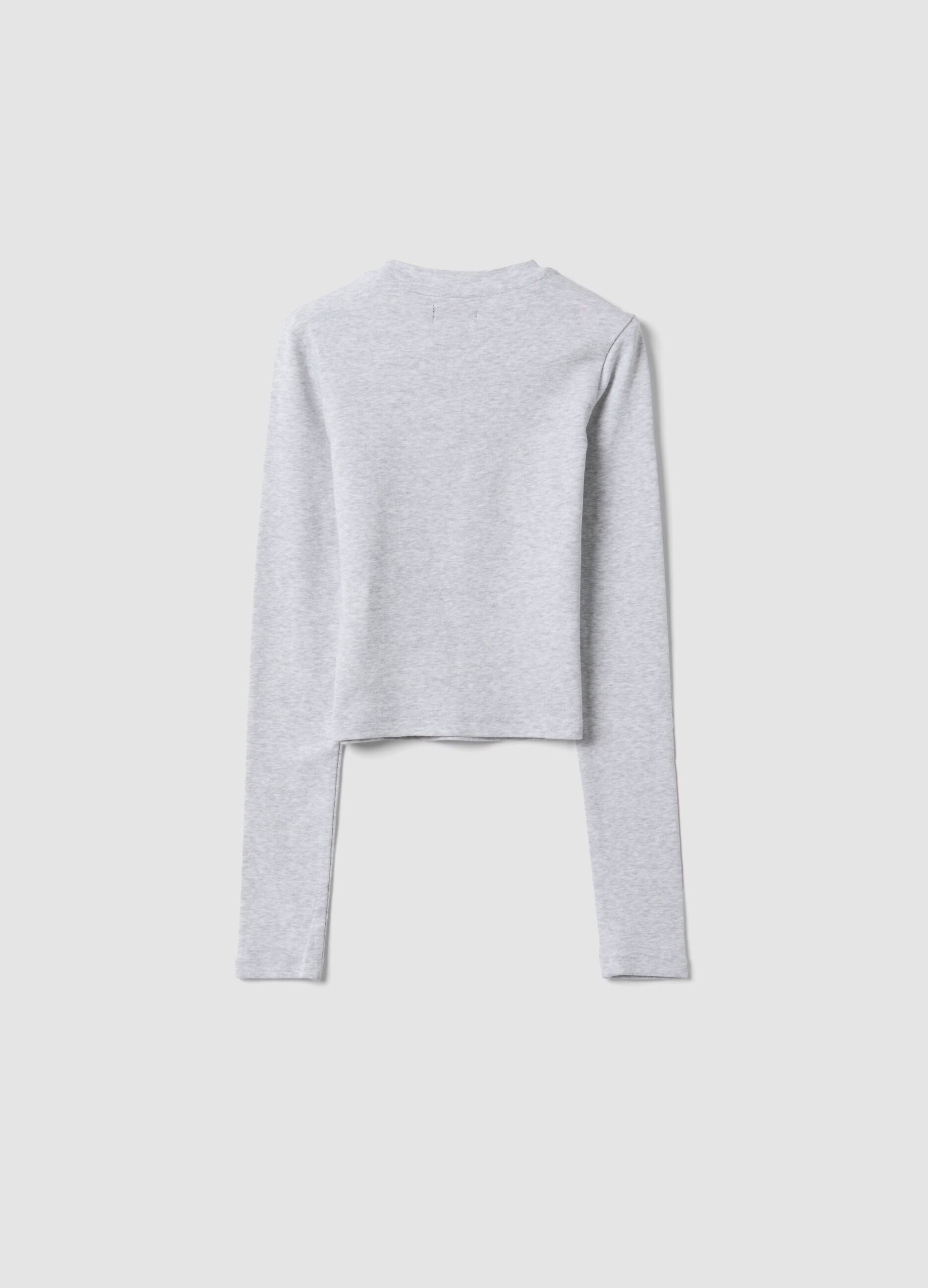 Girls&rsquo; grey organic stretch cotton T-shirt with ribbed neckline