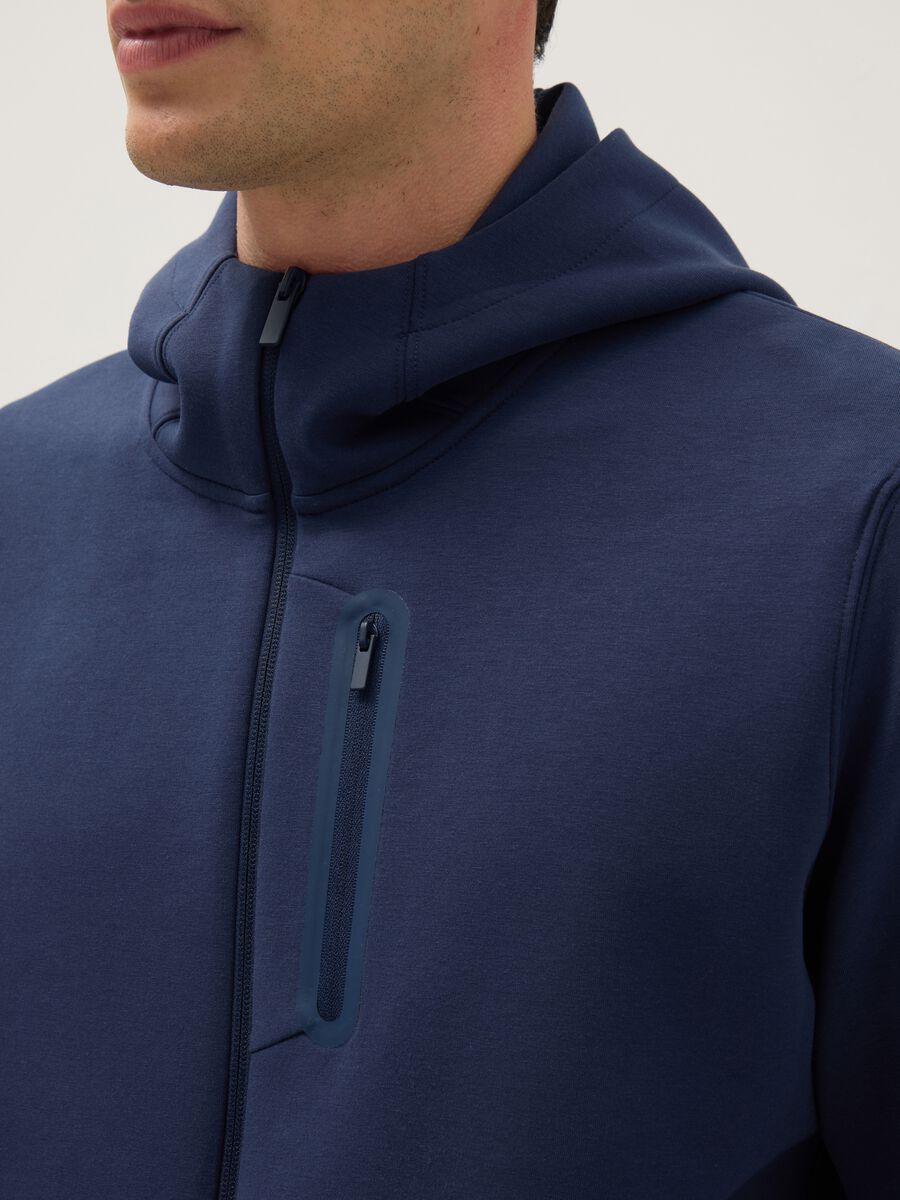 Blue Regular Fit Hooded Sweatshirt with Front Zip Neck_3
