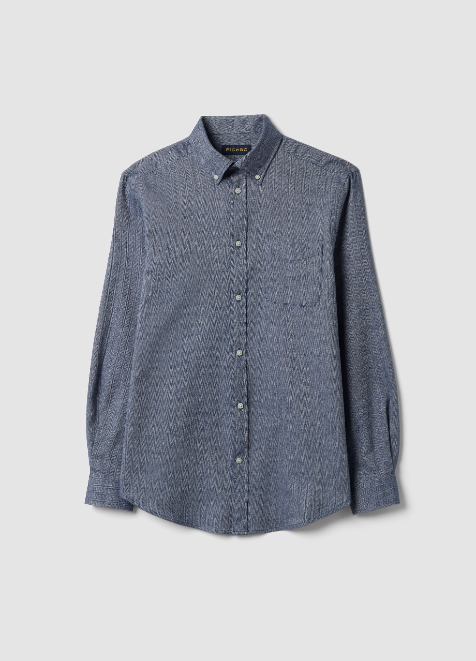 Grey pure cotton flannel shirt with button-down collar, regular fit