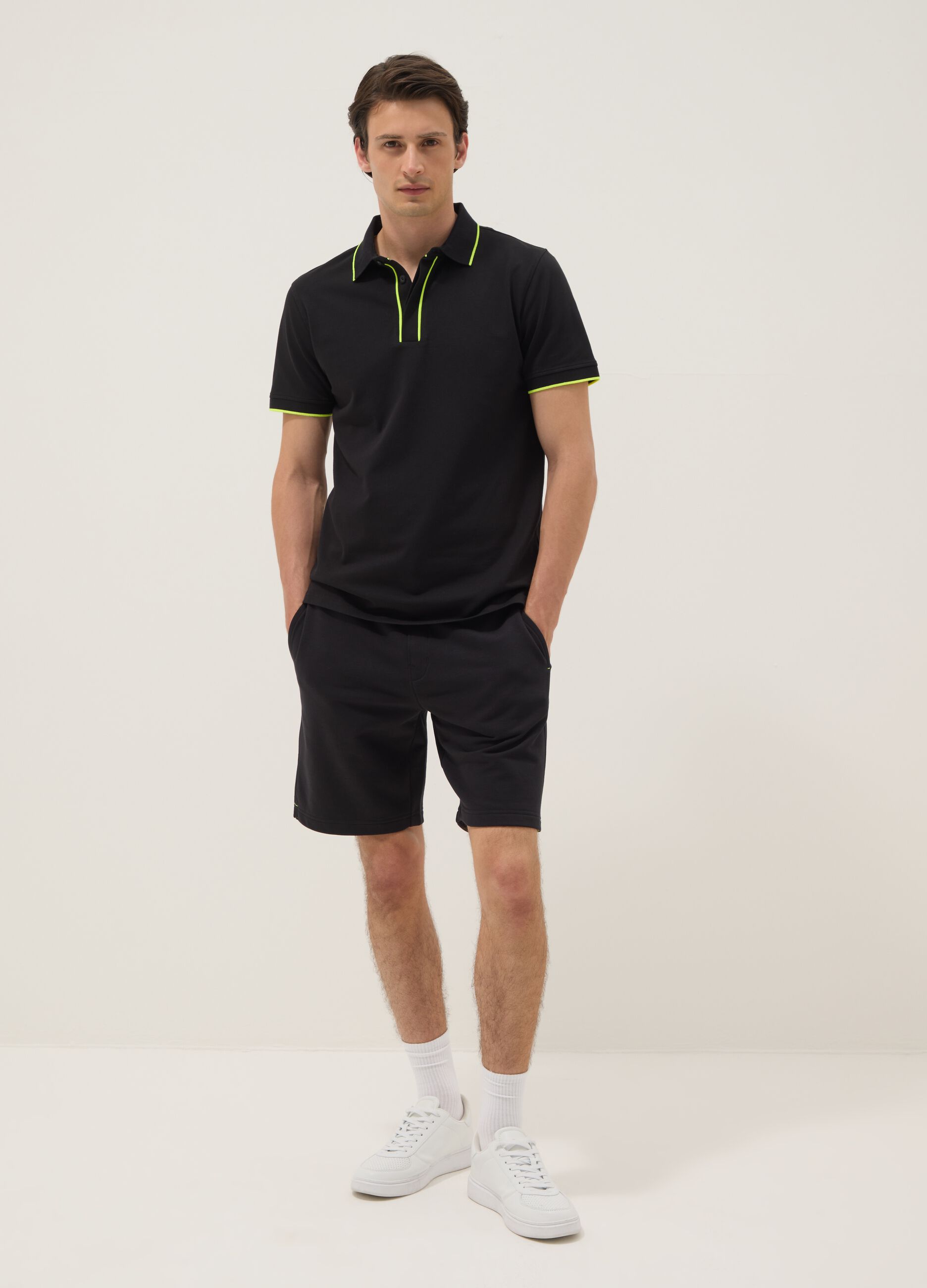 Blue stretch cotton polo with contrast piping
