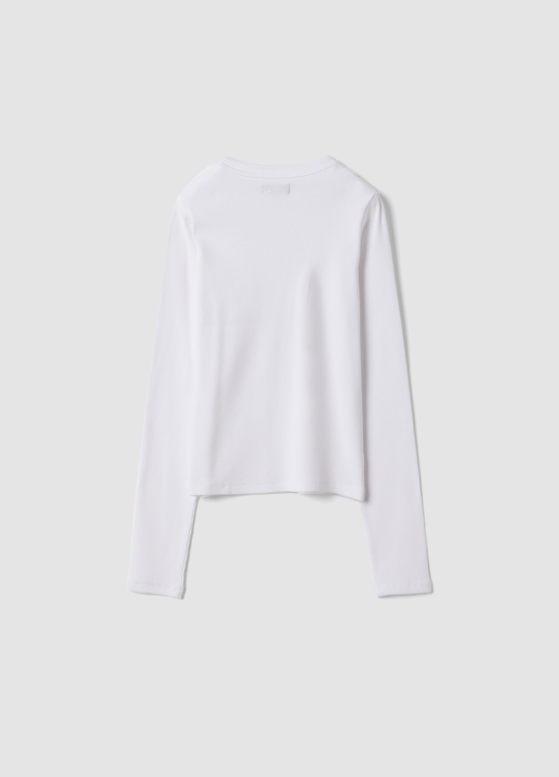 White stretch organic cotton T-shirt with ribbed neck