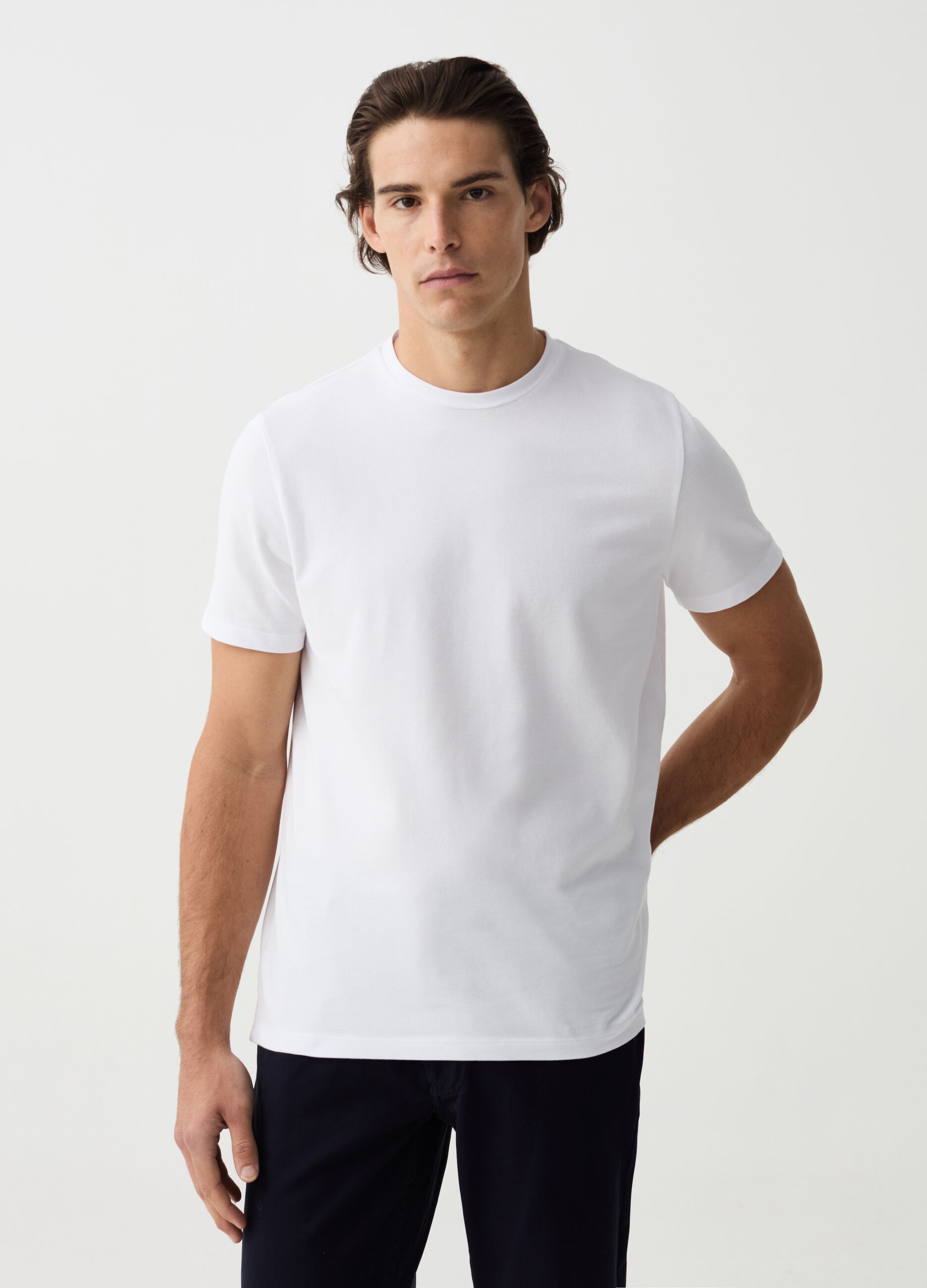 Stretch cotton T-shirt with crew-neck