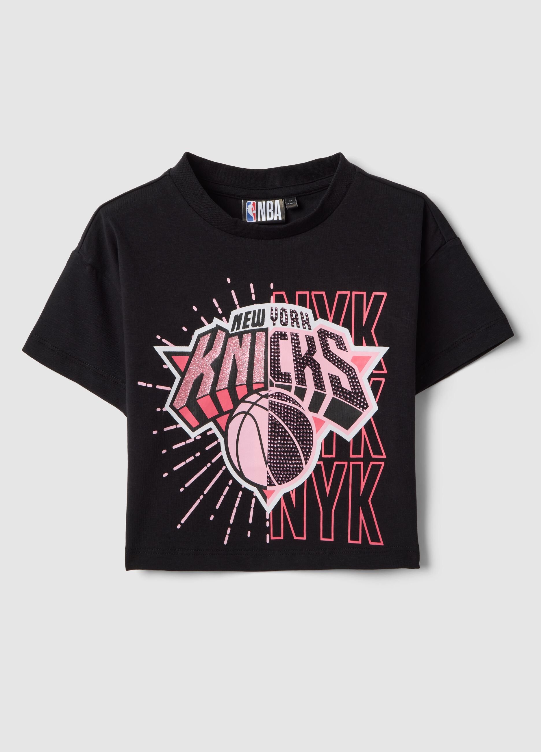 T-shirt in cotone elasticizzato nera da bambina boxy fit NY Knicks