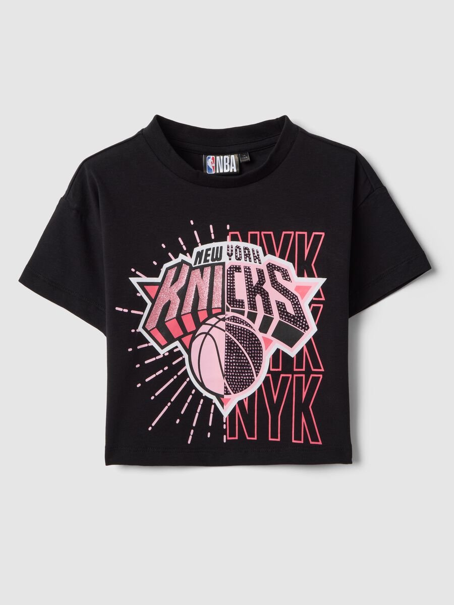 T-shirt in cotone elasticizzato nera da bambina boxy fit NY Knicks_0