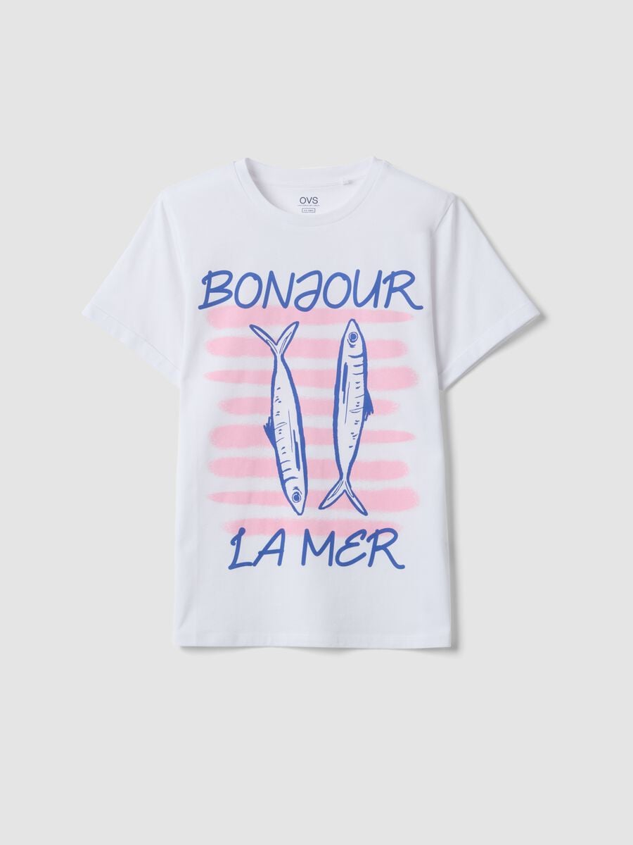 White pure cotton T-shirt with front print, regular fit_4