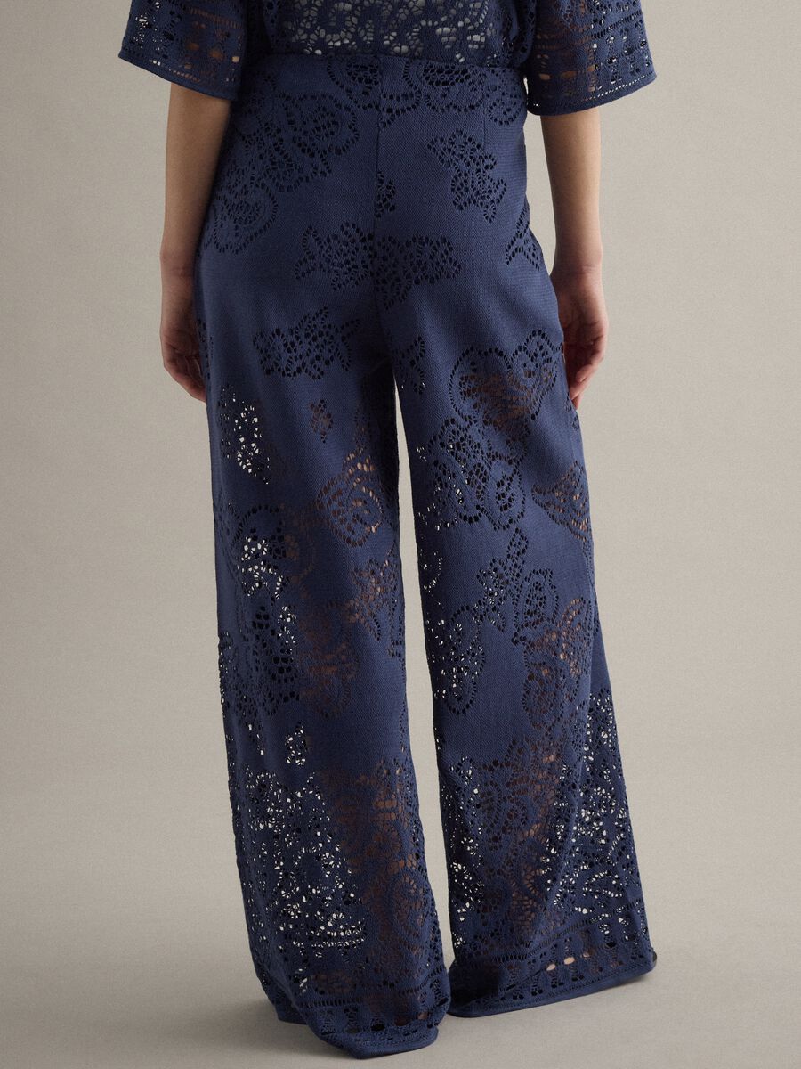 Wide leg blue cotton blend trousers with perforated texture_2