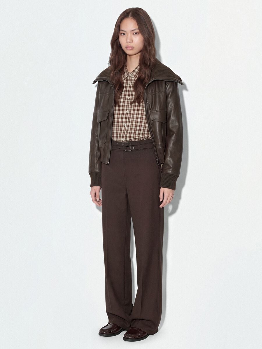Brown stretch-viscose tailored trousers with belt_0