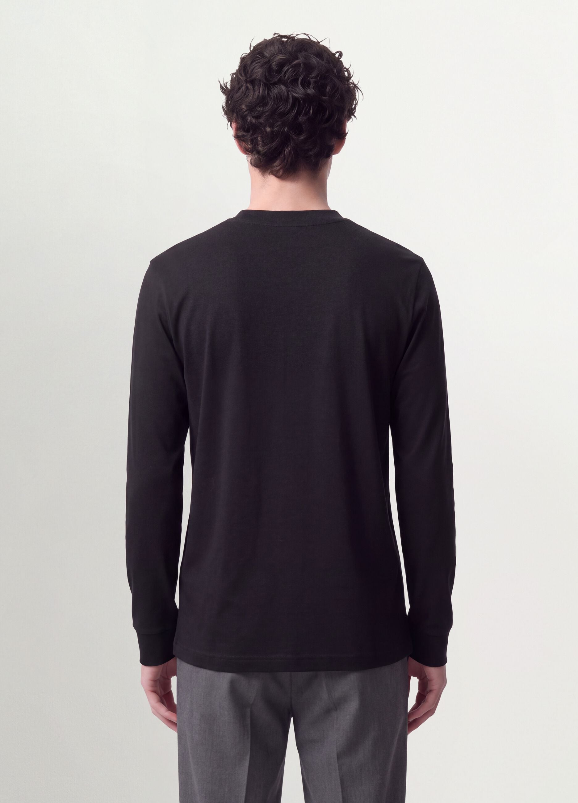 Black pure cotton long-sleeve crew-neck T-shirt, regular fit