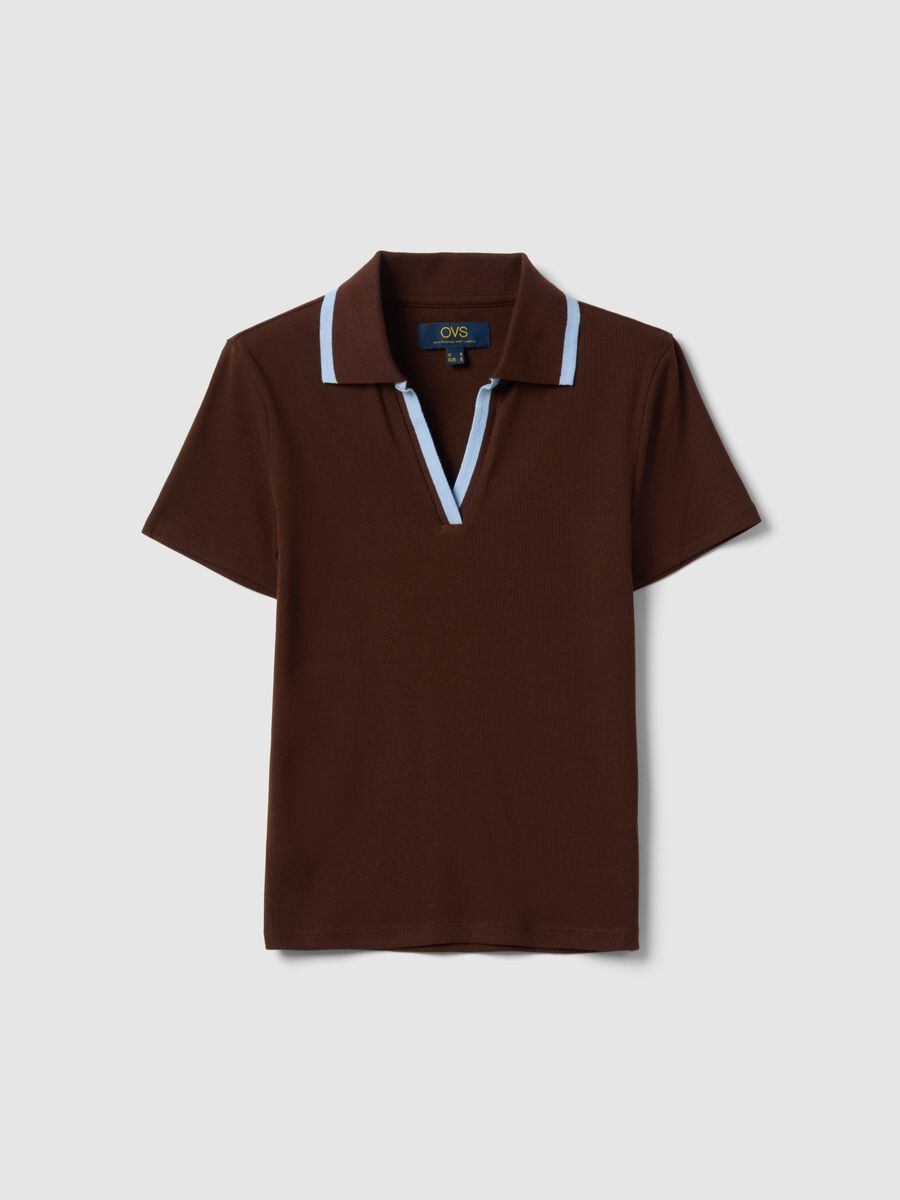 Brown stretch cotton regular fit polo with contrasting collar_4