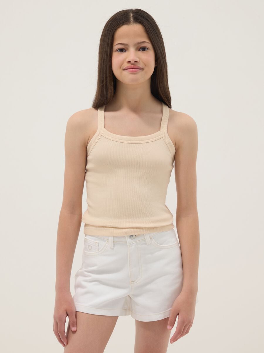 Girls&rsquo; beige ribbed stretch cotton fitted tank top_1