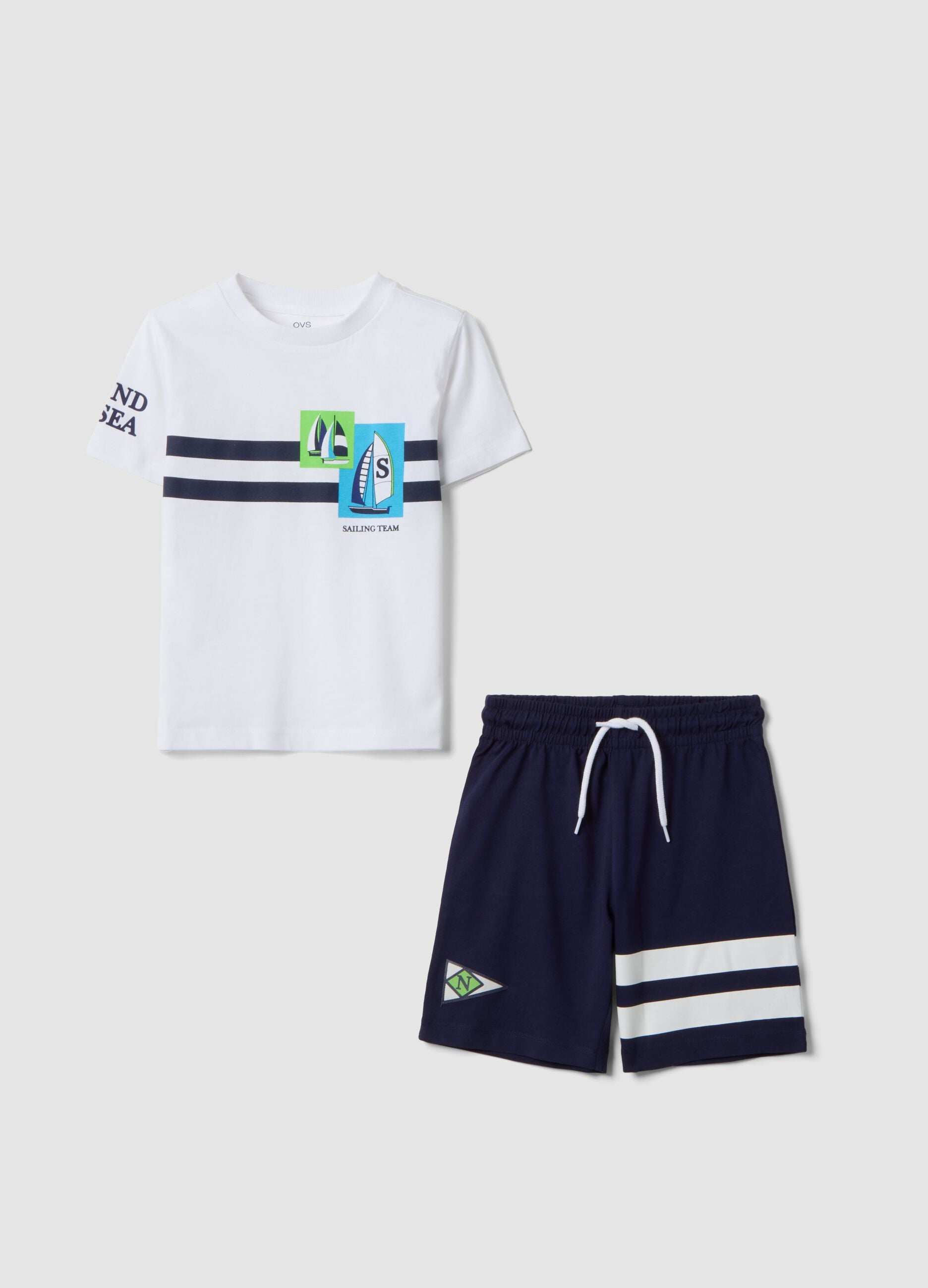 Weiss-blaues Set aus reiner Baumwolle mit T-Shirt und Shorts