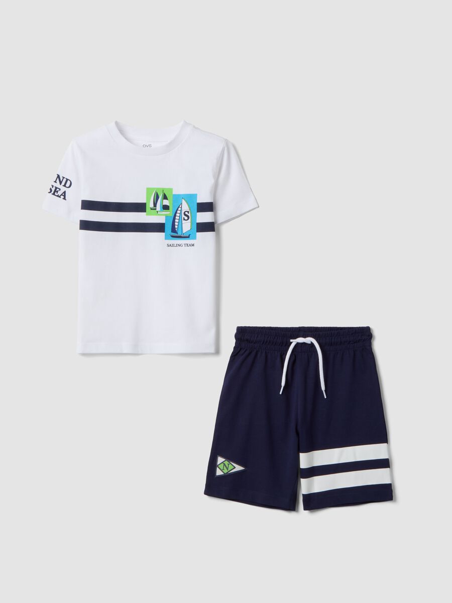 Weiss-blaues Set aus reiner Baumwolle mit T-Shirt und Shorts_0