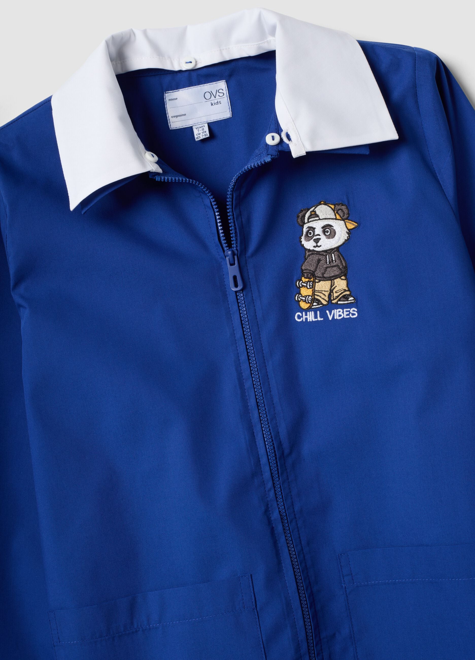 Boys&rsquo; blue school apron with zip and panda embroidery