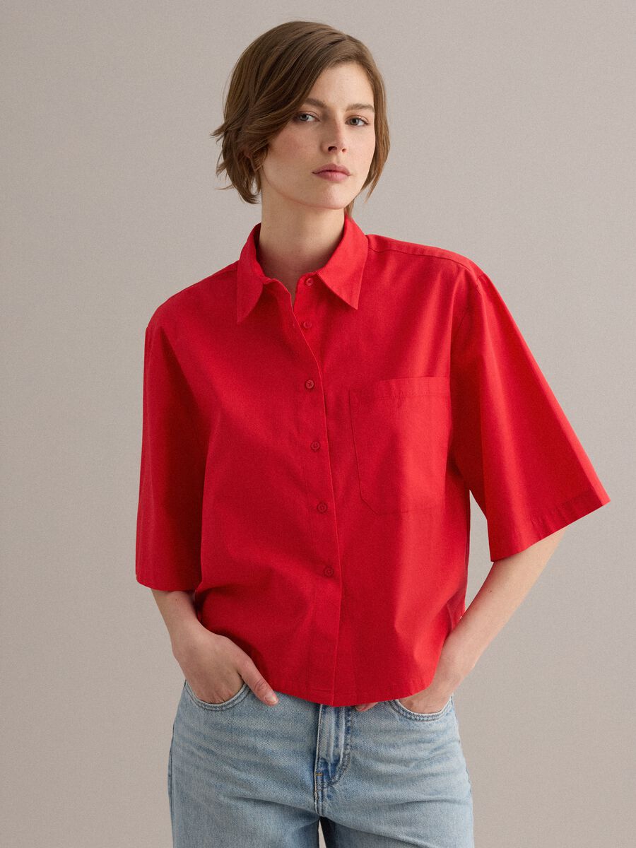 Red pure cotton shirt with chest pocket, oversized fit_1