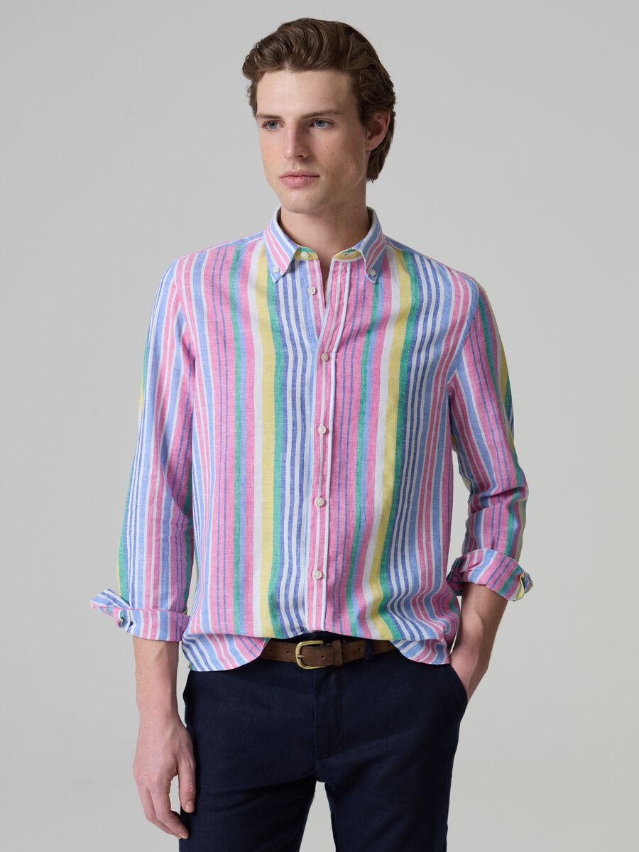 Camicia in lino e cotone a righe multicolor_0