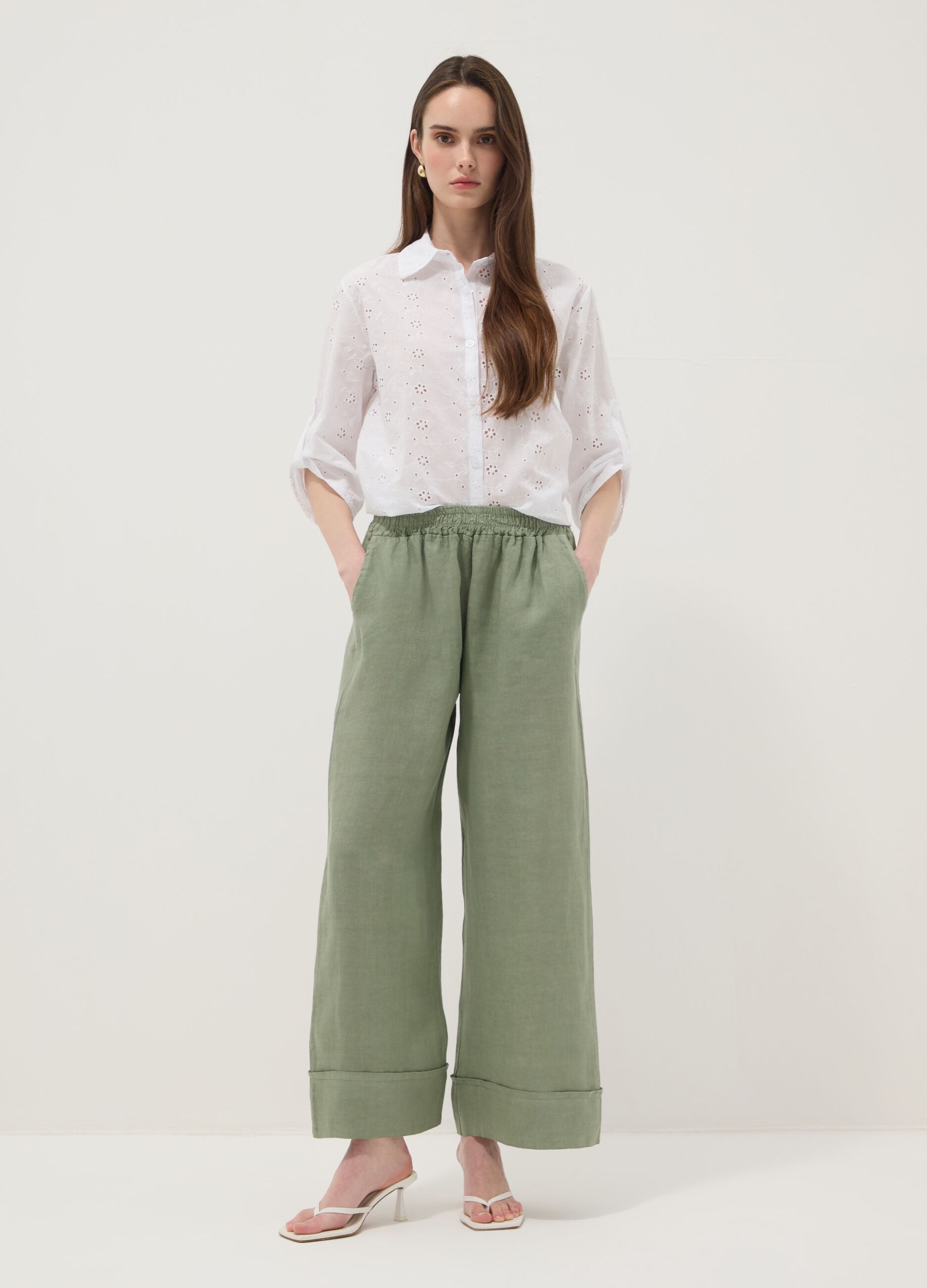 Green pure linen regular-fit trousers