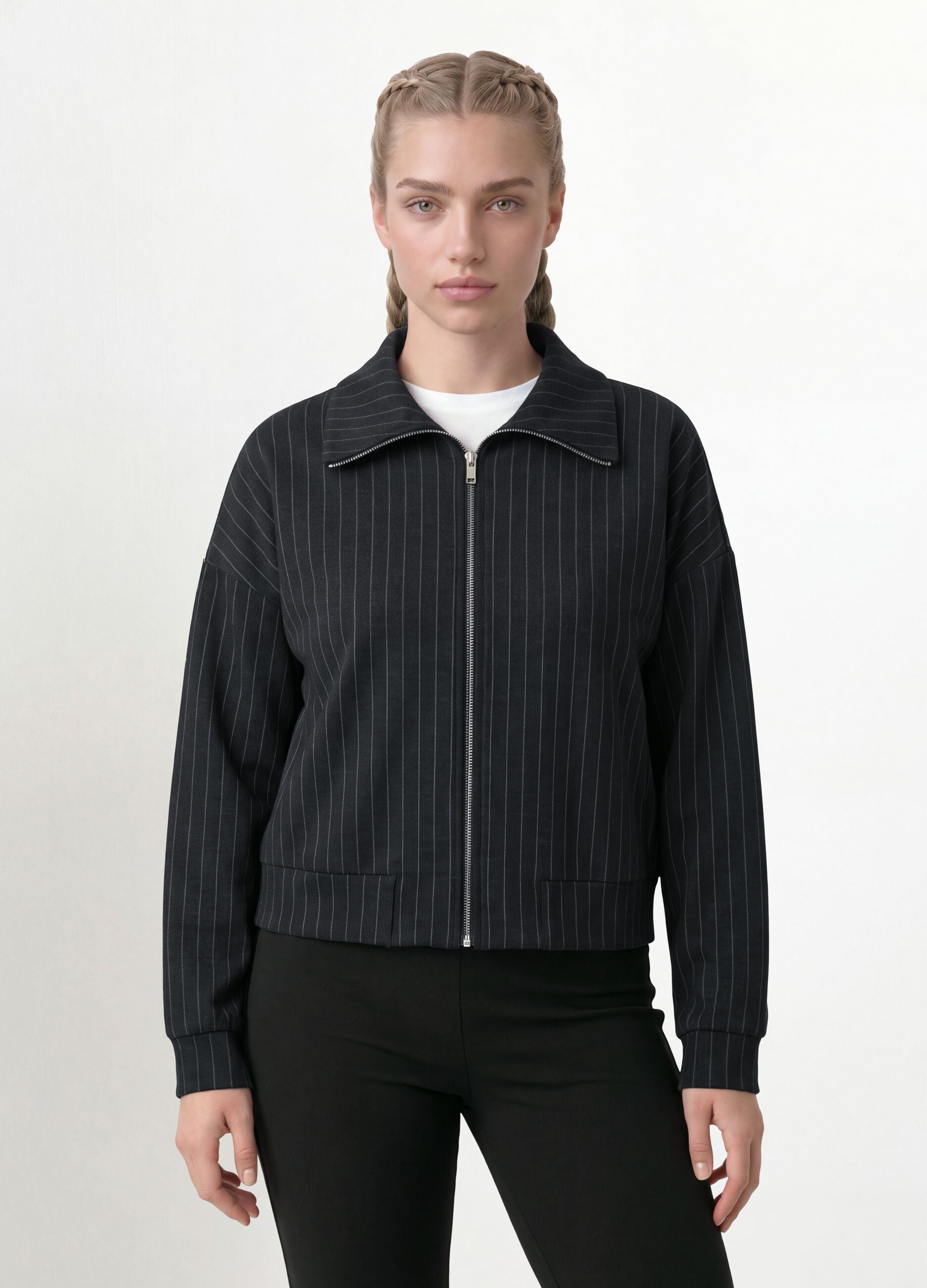 Felpa full zip grigia in viscosa elasticizzata a righe con colletto