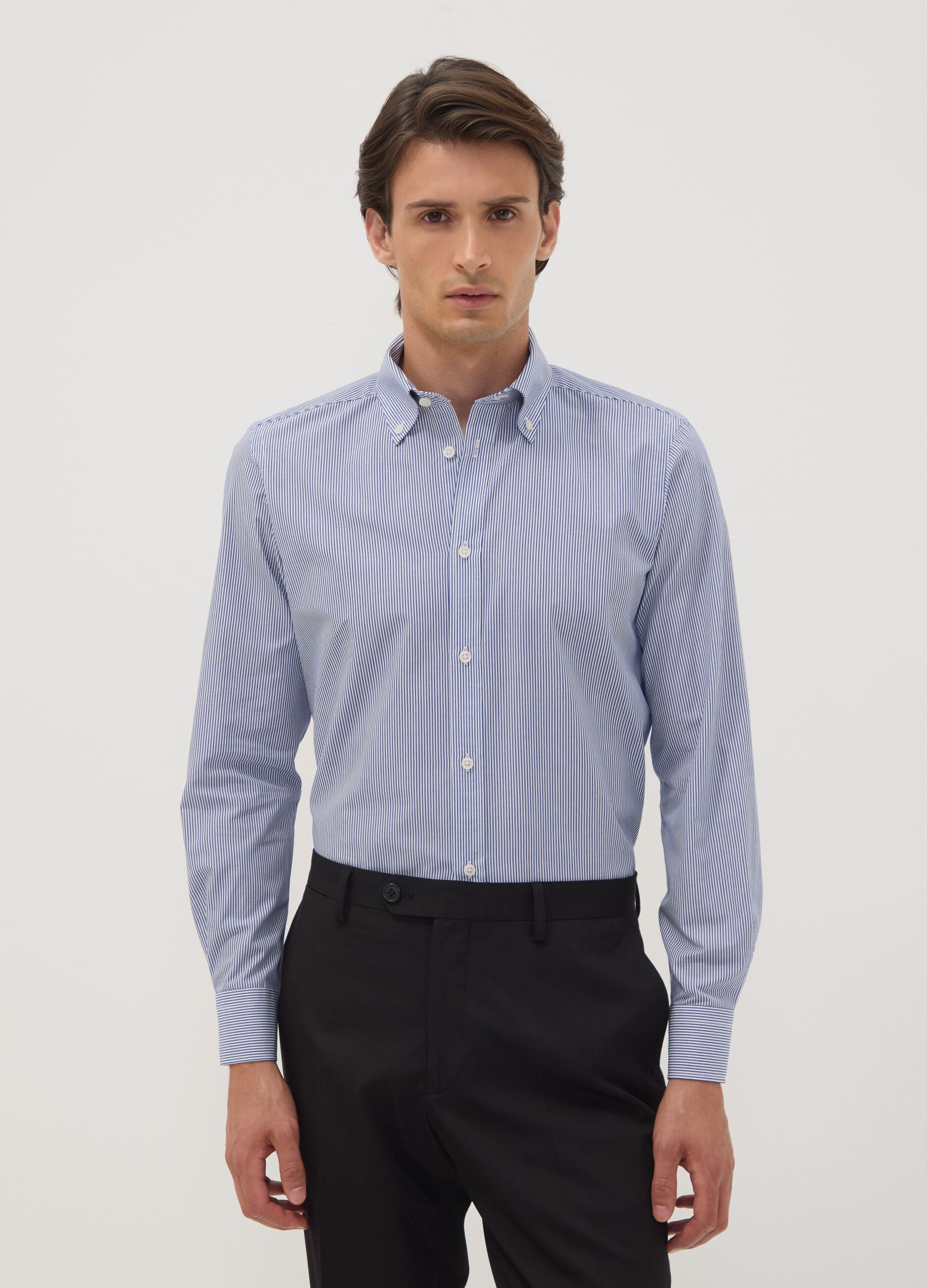 Blue striped cotton-blend button-down shirt, easy iron, slim fit