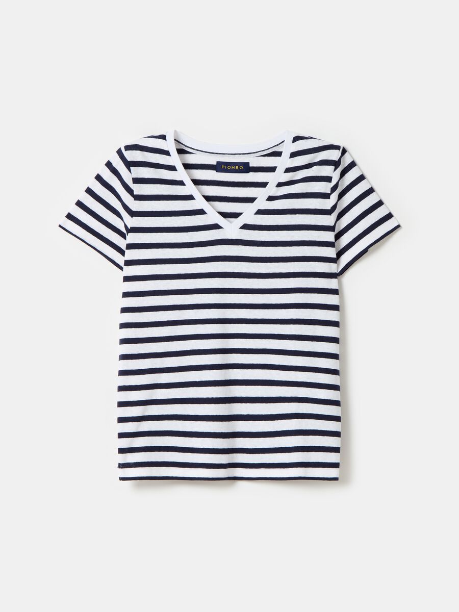 Striped linen and cotton T-shirt with V neck_3
