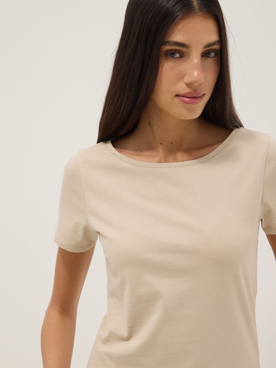 Beige short-sleeved pure cotton T-shirt_0