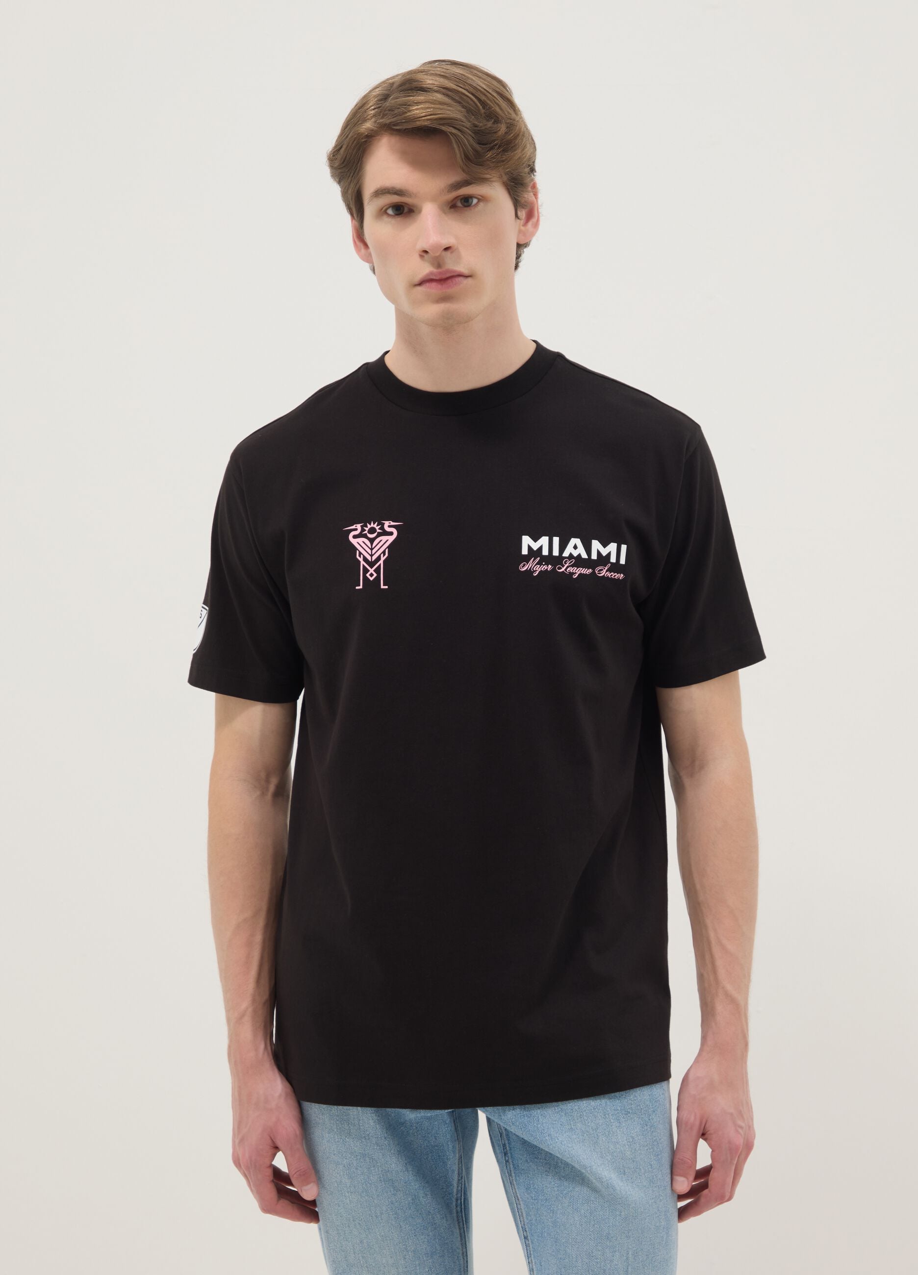 Schwarzes T-Shirt aus reiner Baumwolle mit kurzen &Auml;rmeln und Regular Fit Inter Miami CF