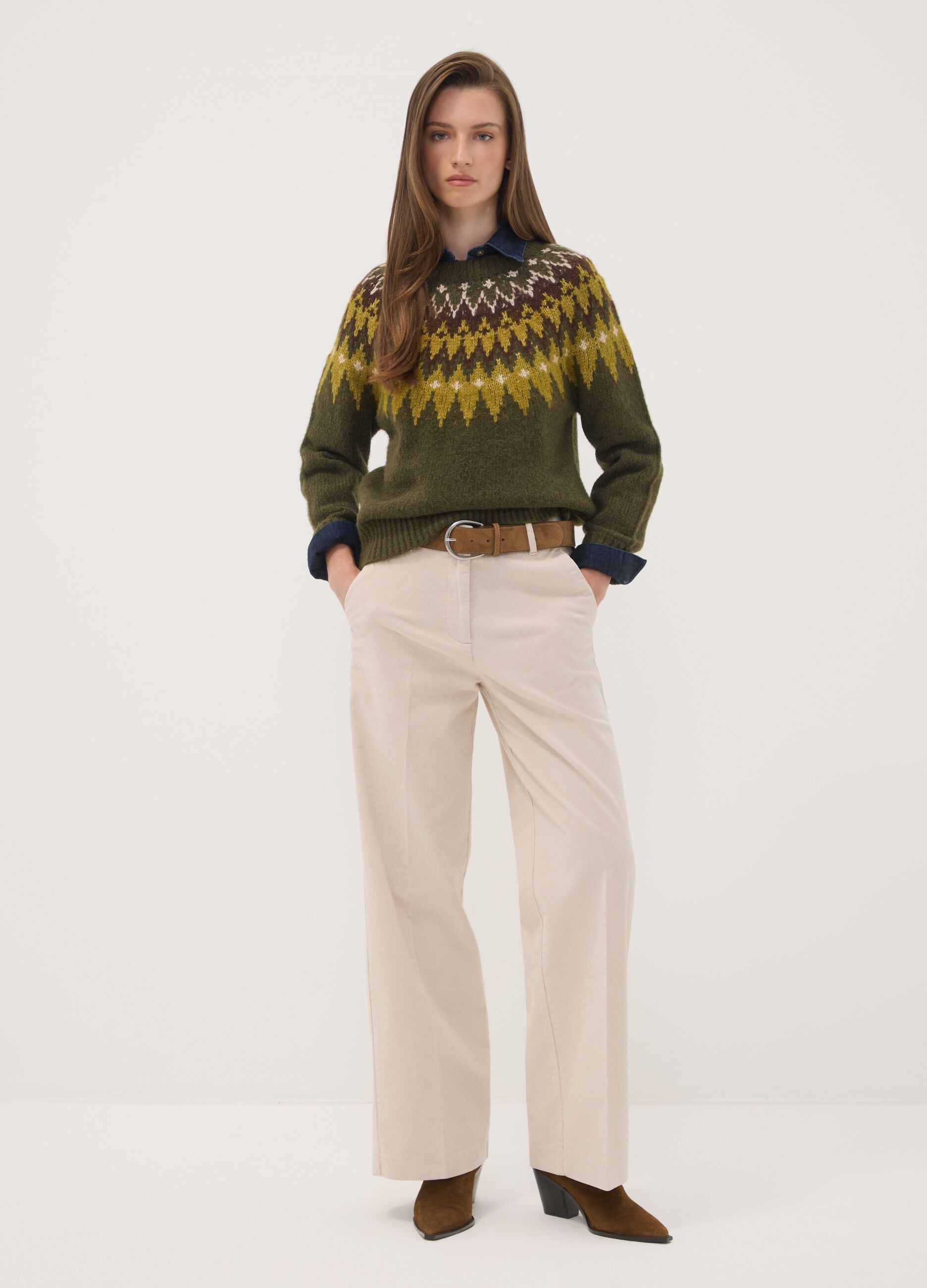 Cal&ccedil;as The Iconic Pants bege em algod&atilde;o el&aacute;stico canelado, straight fit